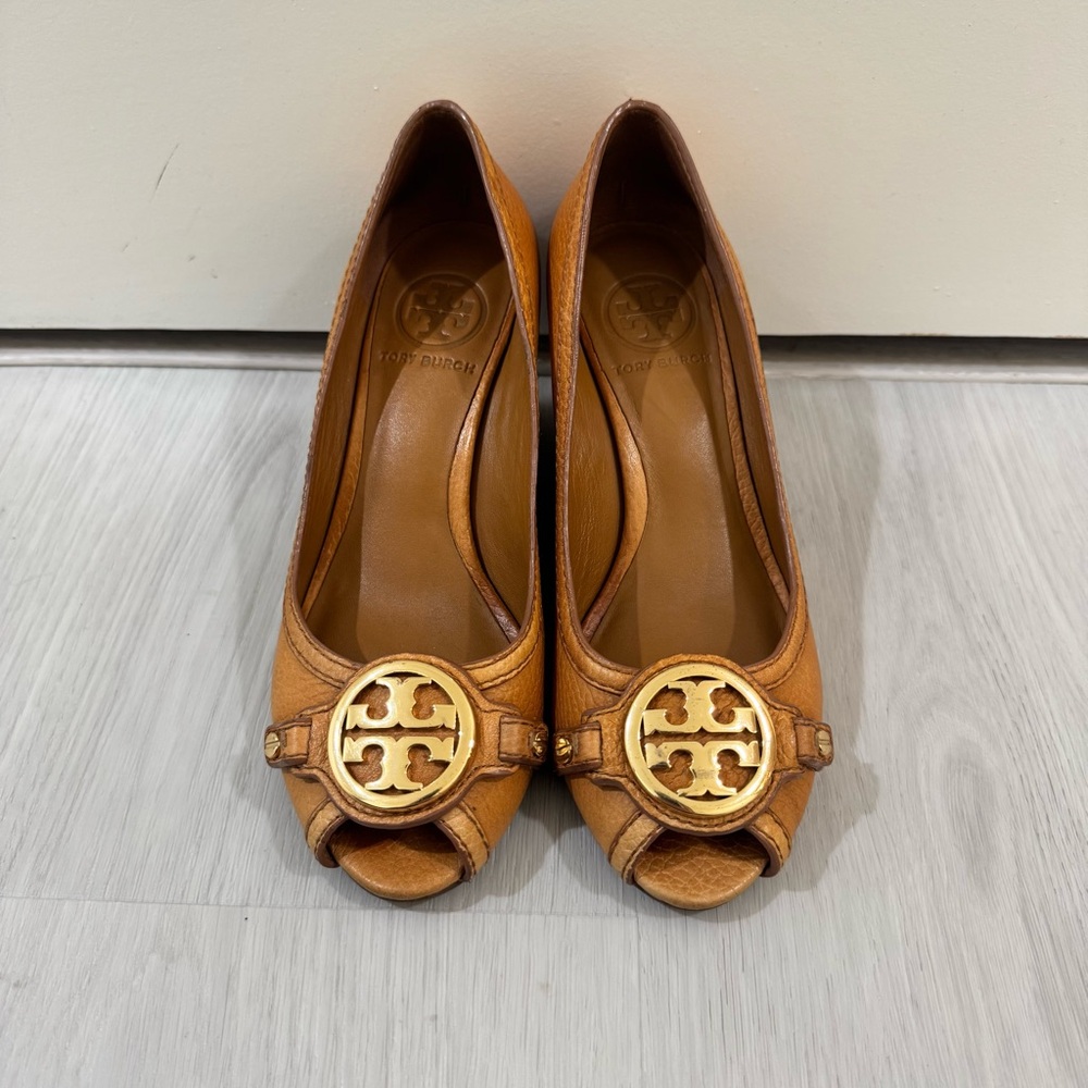 Tory Burch Peep-Toe wedges w/ gold hardware